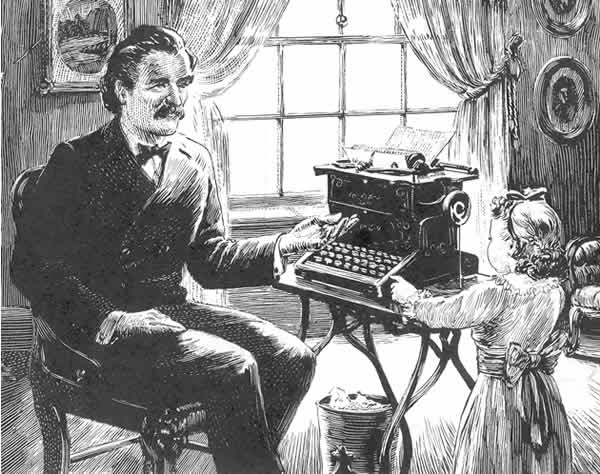Remington Rand typewriter ad featuring Mark Twain and his daughter, COLLIER'S MAGAZINE, February 24, 1945