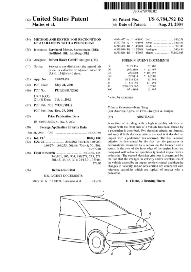 Patent to detect vehicle collision with pedestrian