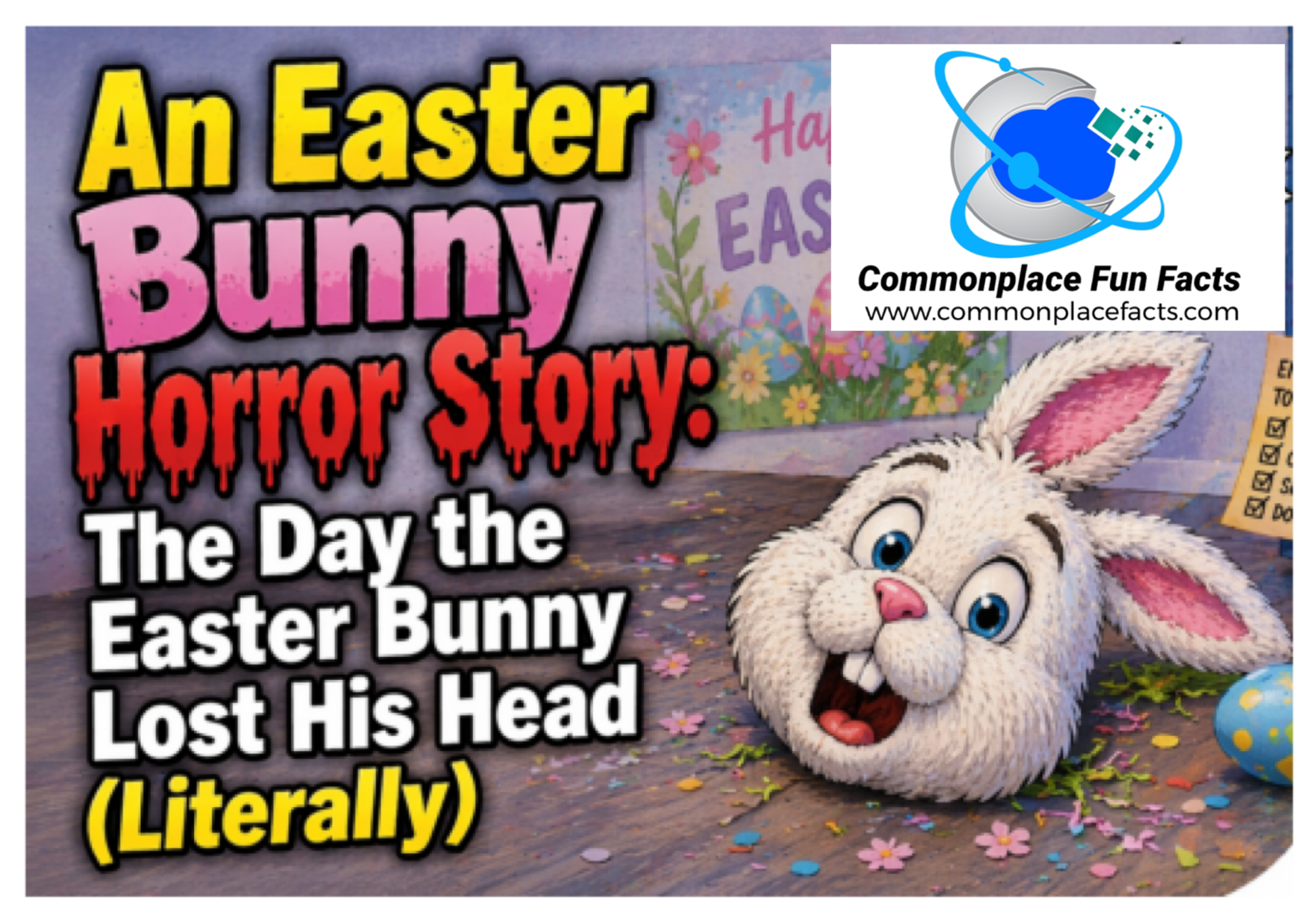 An Easter Bunny Horror Story: The Day the Easter Bunny Lost His Head (Literally) 2 Easter Bunny horror story: Gory severed Easter bunny head on dirty ground amidst scattered confetti, a creepy Easter horror scene.