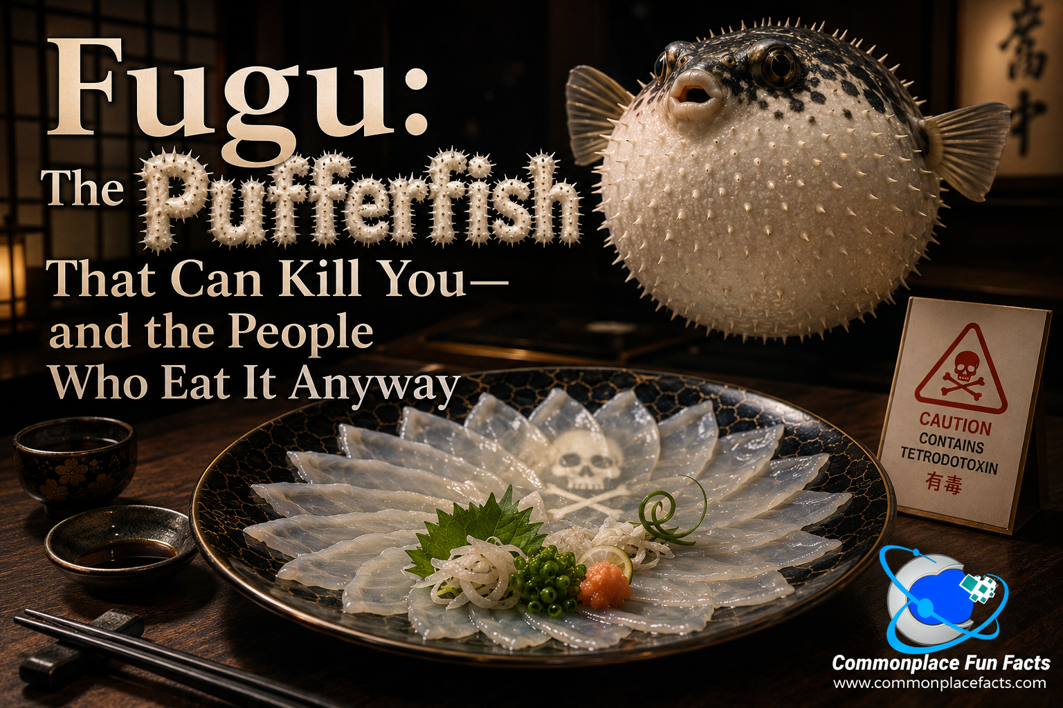 Inflated pufferfish hovering above an elegant plate of fugu sashimi beside a tetrodotoxin warning sign.