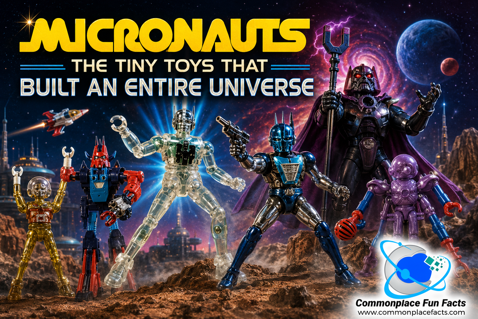 Micronauts action figures posed on an alien landscape beneath a star-filled sky, with Baron Karza towering behind Time Traveler, Acroyear, and other figures under the headline “Micronauts: The Tiny Toys That Built an Entire Universe.”
