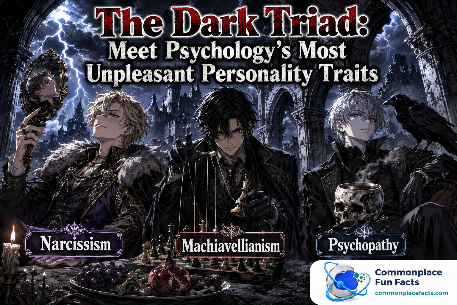Manga-style title image for the Dark Triad showing three figures representing narcissism, Machiavellianism, and psychopathy beneath a stormy ruined castle, with lightning, a raven, chess imagery, and a skull goblet.