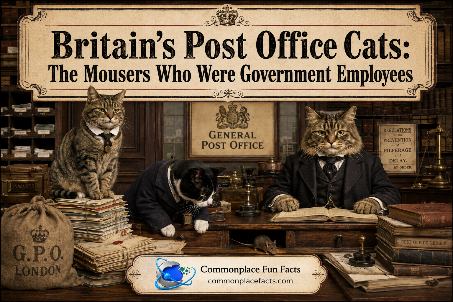 Vintage-style title image showing three serious-looking cats posed as Victorian postal clerks in a General Post Office office, with the headline “Britain’s Post Office Cats: The Mousers Who Were Government Employees.”