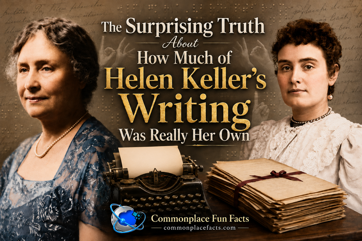 Title image for an article about Helen Keller’s writing, featuring colorized portraits of Helen Keller and Anne Sullivan on opposite sides, a vintage typewriter and stack of manuscripts in the center, and the headline “The Surprising Truth About How Much of Helen Keller’s Writing Was Really Her Own.”