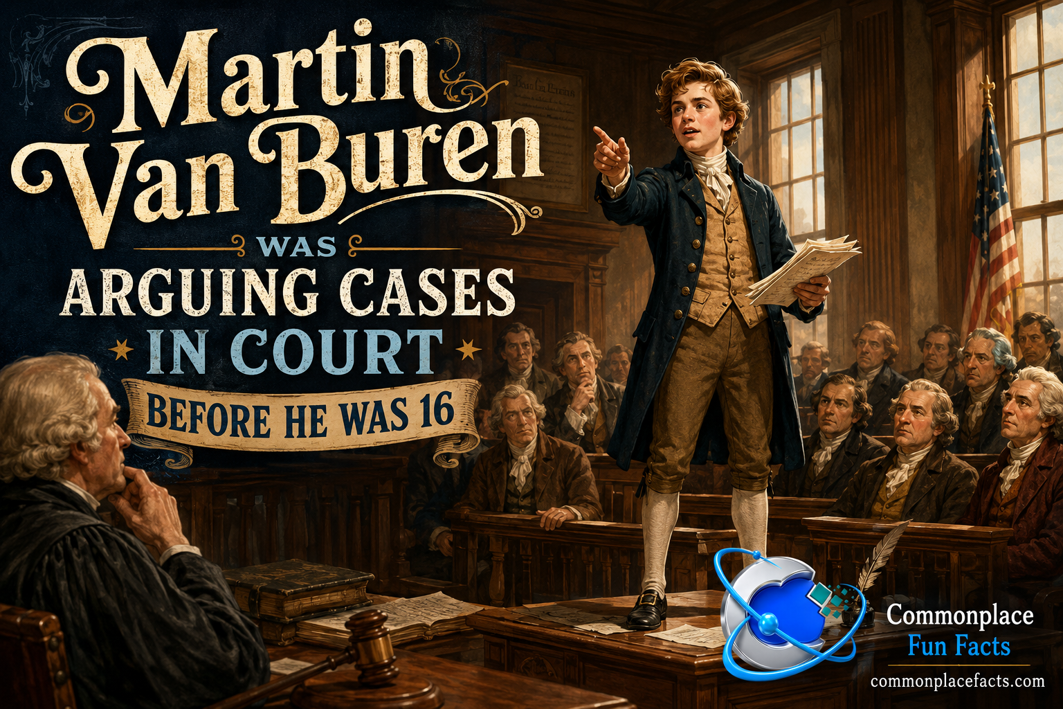 Illustrated title image of a teenage Martin Van Buren standing on a table in an early American courtroom and arguing a case before a judge and spectators, with the headline “Martin Van Buren Was Arguing Cases in Court Before He Was 16.”