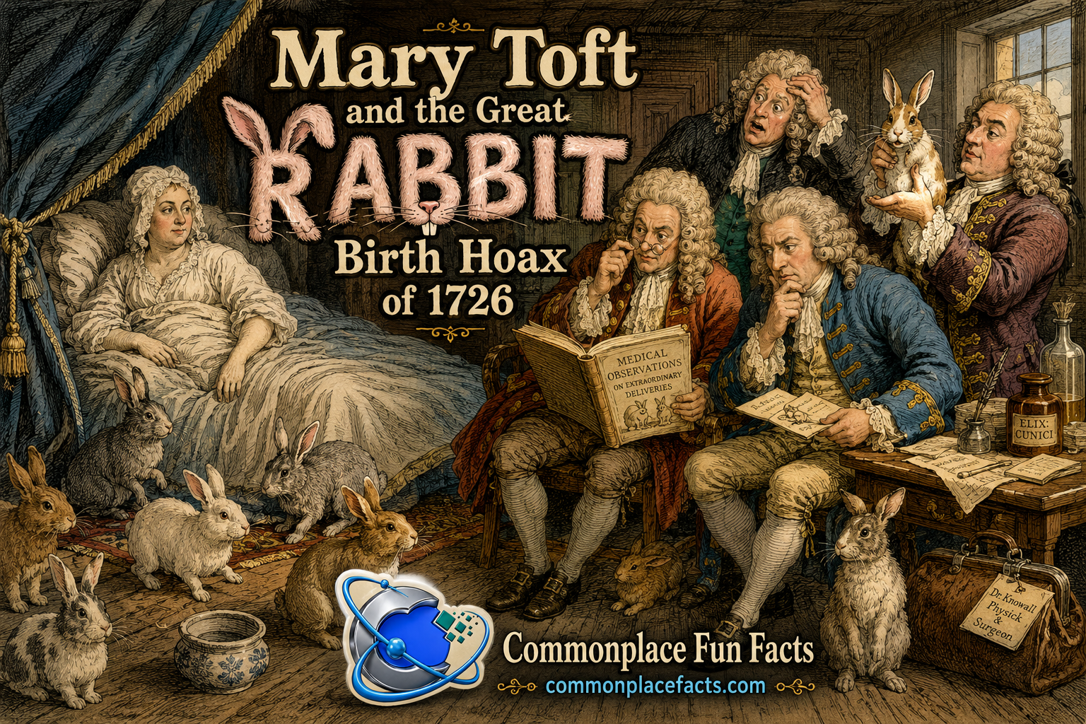Color title image for an article about Mary Toft, showing Mary in bed behind curtains while several 18th-century doctors examine a rabbit, consult books, and react with confusion as rabbits wander around the room.