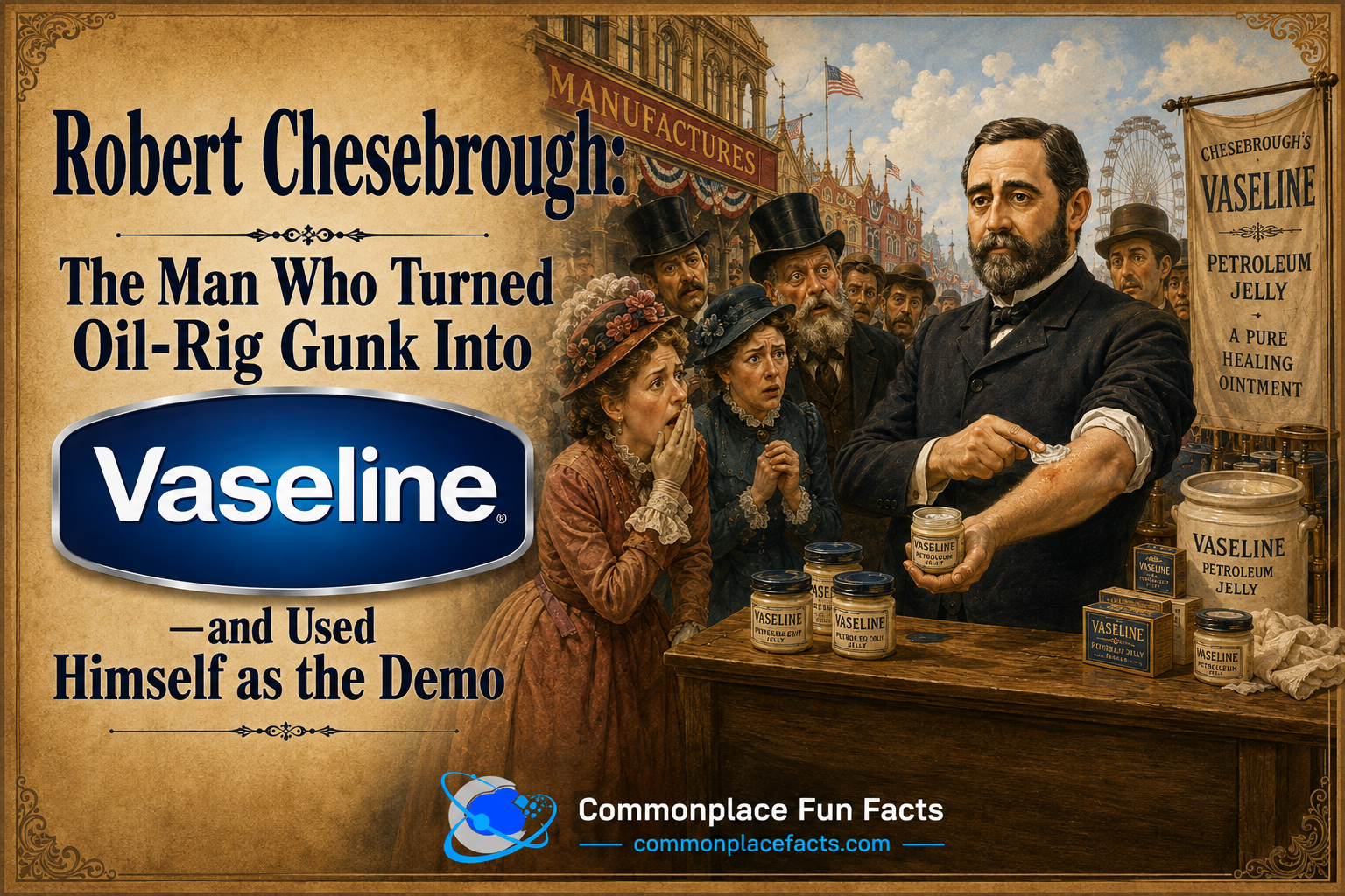 Illustration of Robert Chesebrough applying Vaseline to a lightly burned forearm while a concerned Victorian crowd watches.