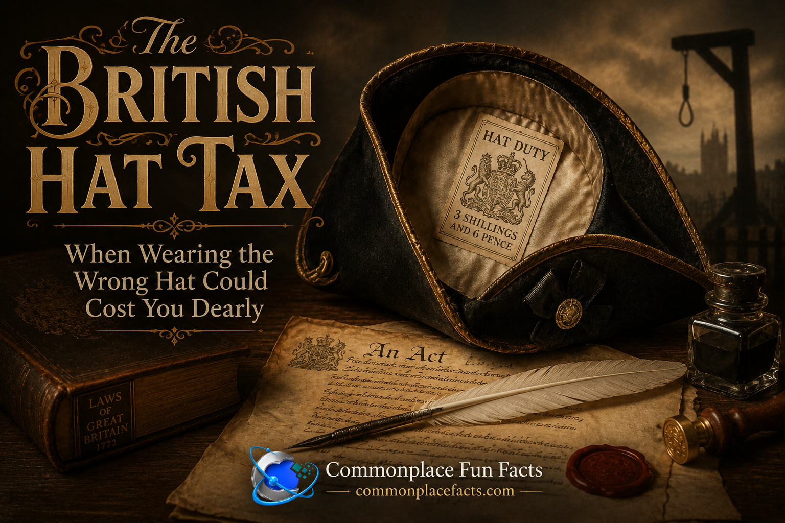 Title illustration for “The British Hat Tax” showing a Georgian-era beaver hat with a hat-duty stamp inside, resting beside legal papers, a quill, and an ink bottle, with a faint gallows in the background.