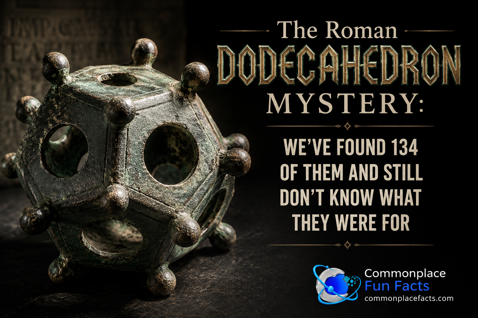Title graphic for an article about Roman dodecahedra, featuring a dramatic close-up of a bronze Roman dodecahedron on a dark background beside the headline, “The Roman Dodecahedron Mystery: We’ve Found 134 of Them and Still Don’t Know What They Were For.”