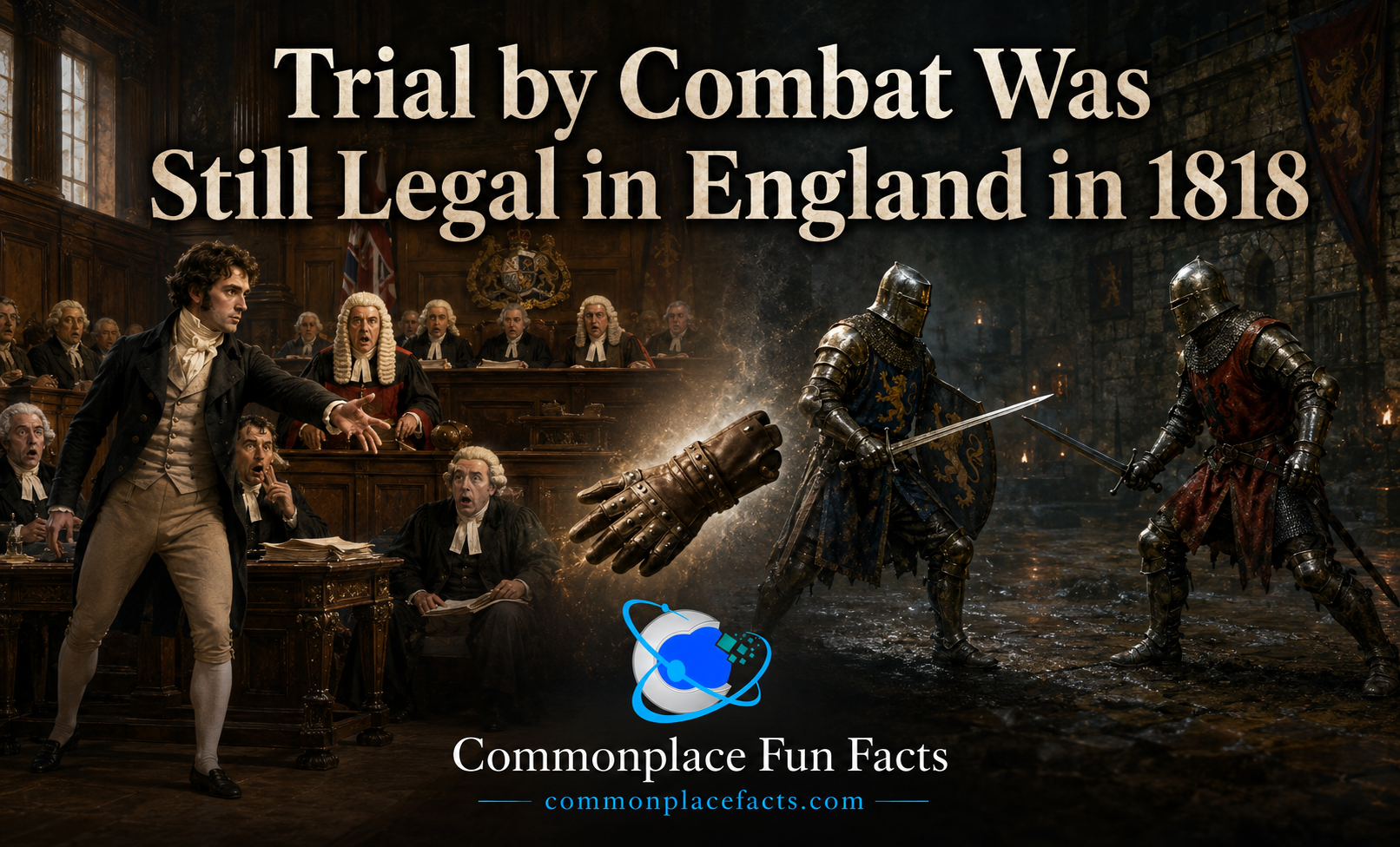 Split image showing an 1818 English courtroom on the left and two medieval knights preparing for trial by combat on the right, connected by a leather gauntlet.