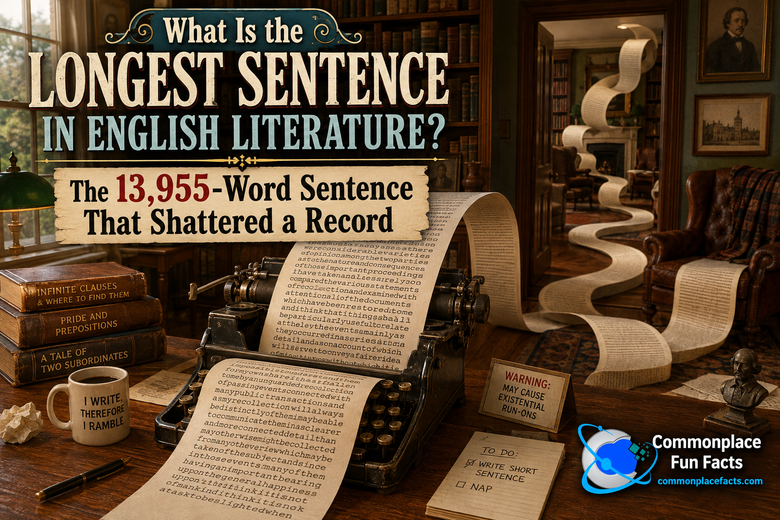 Title image for an article about the longest sentence in English literature, showing a vintage typewriter on a desk in a book-lined study, feeding an absurdly long ribbon of densely typed paper that snakes across the room. Large headline text reads, “What Is the Longest Sentence in English Literature? The 13,955-Word Sentence That Shattered a Record.” The Commonplace Fun Facts logo and website appear in the lower right corner.