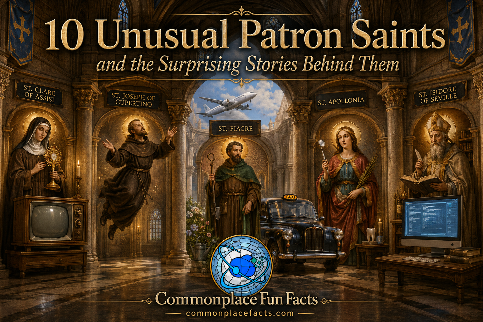 Title image for an article about unusual patron saints, showing a grand cathedral-like gallery with saintly figures paired with unexpected modern objects: St. Clare of Assisi with a vintage television, St. Joseph of Cupertino beneath an airplane, St. Fiacre beside a taxi, St. Apollonia with a dentist’s mirror, and St. Isidore of Seville with a glowing computer screen. The headline reads “10 Unusual Patron Saints and the Surprising Stories Behind Them,” with a stained-glass Commonplace Fun Facts logo and the website address at the bottom.