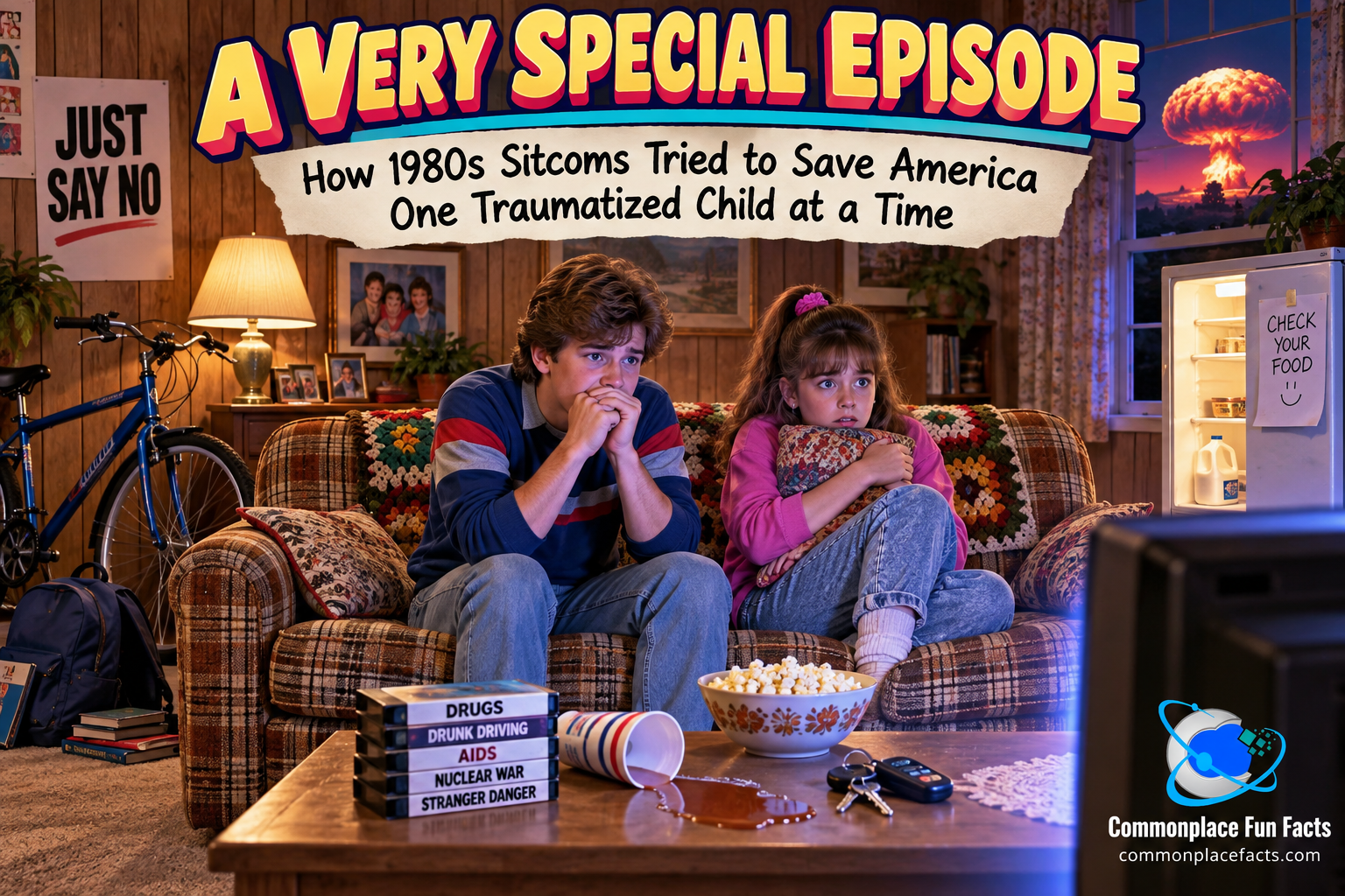 1980s sitcom living room title image showing two anxious children watching television while symbols of very special episodes surround them, including a bicycle, open refrigerator, Just Say No poster, mushroom cloud, spilled drink, car keys, and VHS tapes labeled with social issues.