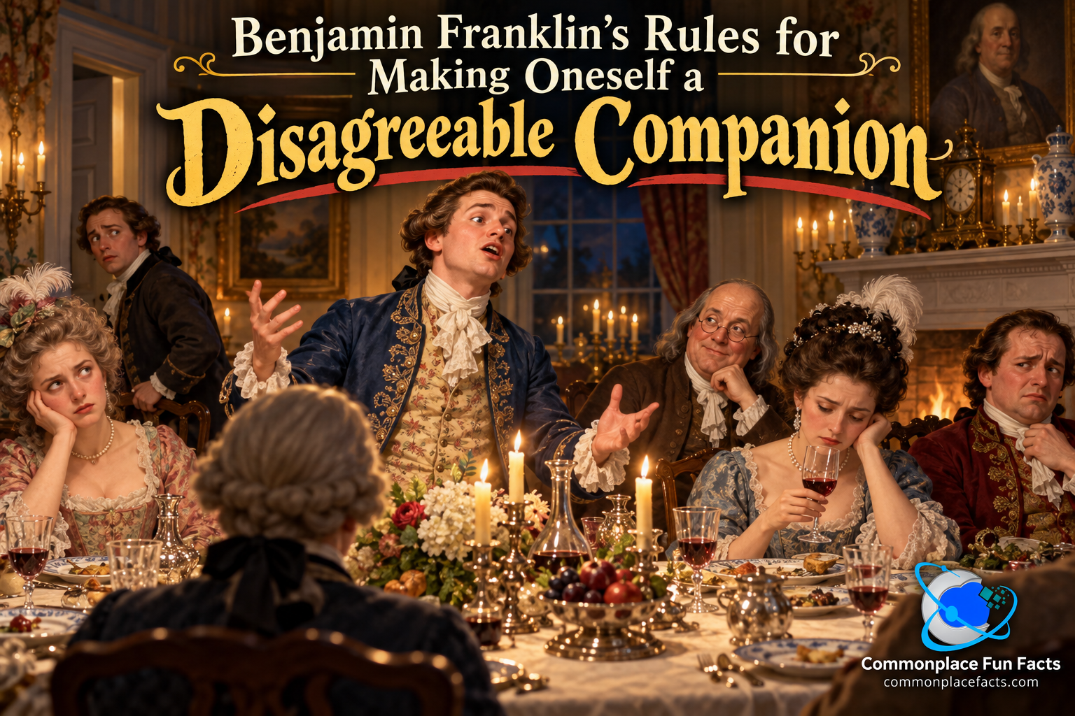 Title image for “Benjamin Franklin’s Rules for Making Oneself a Disagreeable Companion,” showing an 18th-century dinner party where a young man lectures dramatically while the other guests look bored, irritated, or eager to escape, as Benjamin Franklin watches with an amused expression.