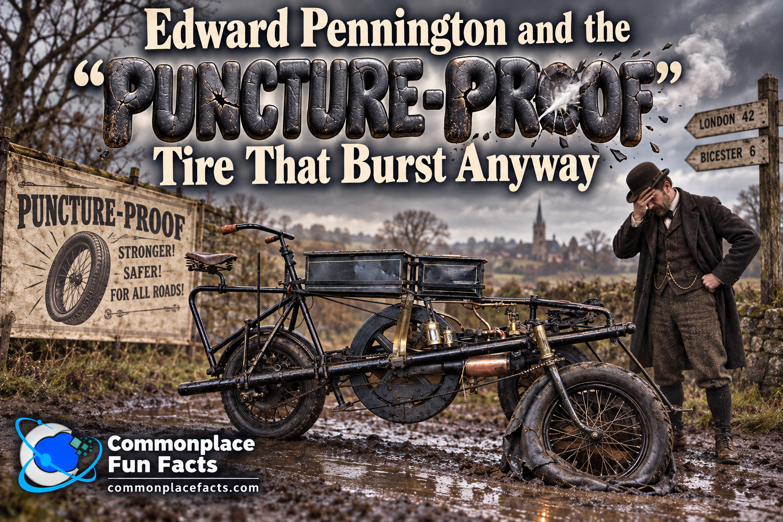Title image for an article about Edward Pennington showing a stranded 1890s Pennington Autocar on a muddy road, a burst tire, a frustrated Victorian man, and the headline “Edward Pennington and the ‘Puncture-Proof’ Tire That Burst Anyway.”