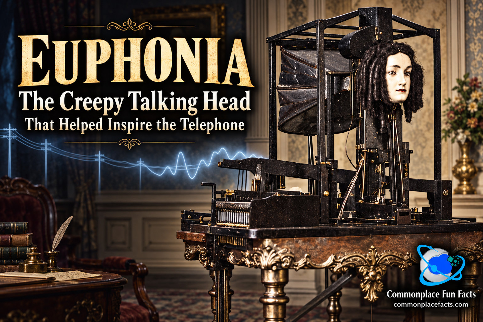 Title image for an article about Euphonia, showing Joseph Faber’s eerie nineteenth-century mechanical talking machine in a Victorian room, with the headline “EUPHONIA: The Creepy Talking Head That Helped Inspire the Telephone.”