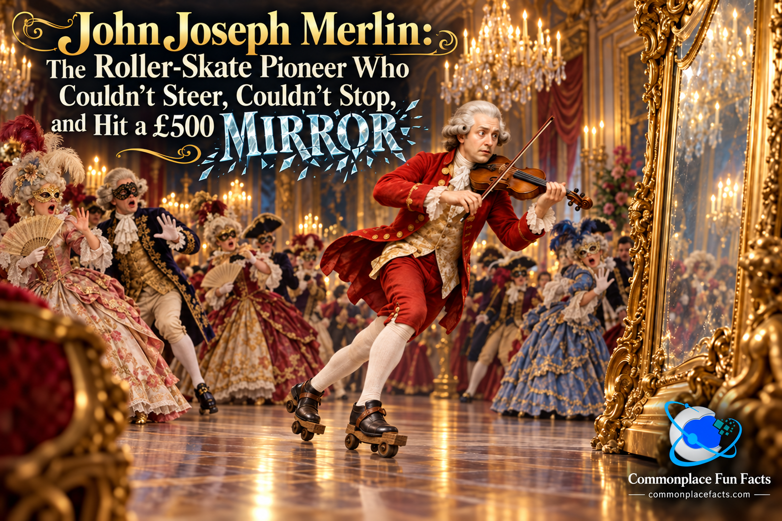 Illustration of John Joseph Merlin playing violin on primitive roller skates at a Georgian masquerade ball as he heads toward a large ornate mirror.