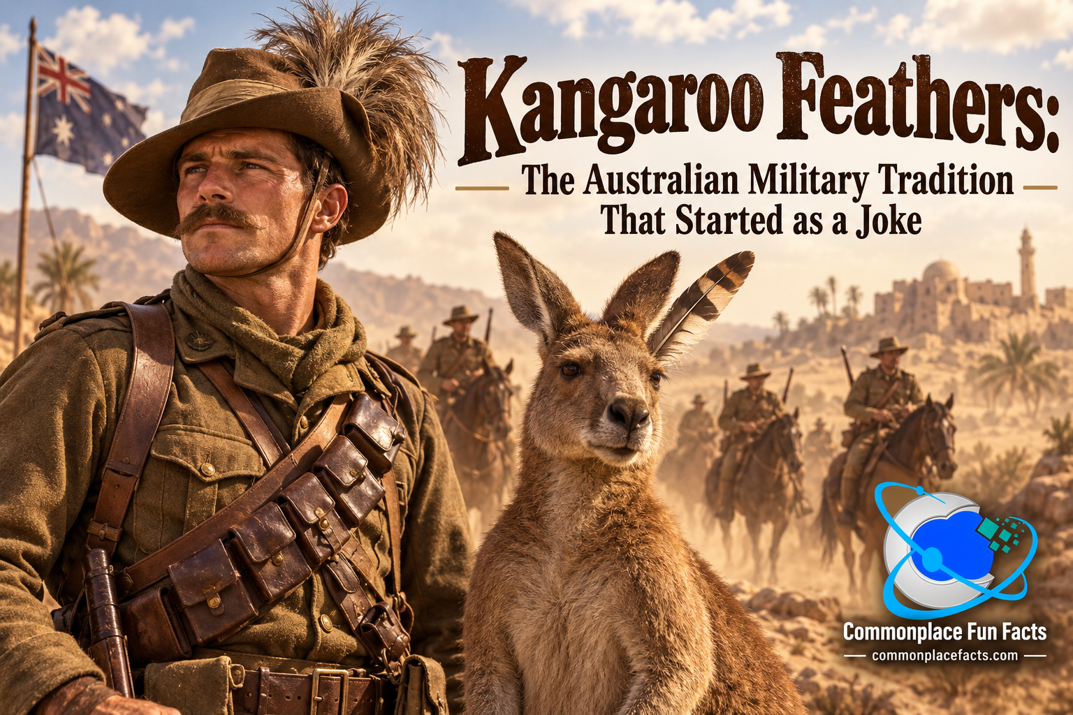 WWI-era Australian Light Horse soldier wearing a feathered slouch hat beside a kangaroo with a feather tucked into its fur, with mounted troops in a dusty Middle Eastern landscape and the headline “Kangaroo Feathers: The Australian Military Tradition That Started as a Joke.”
