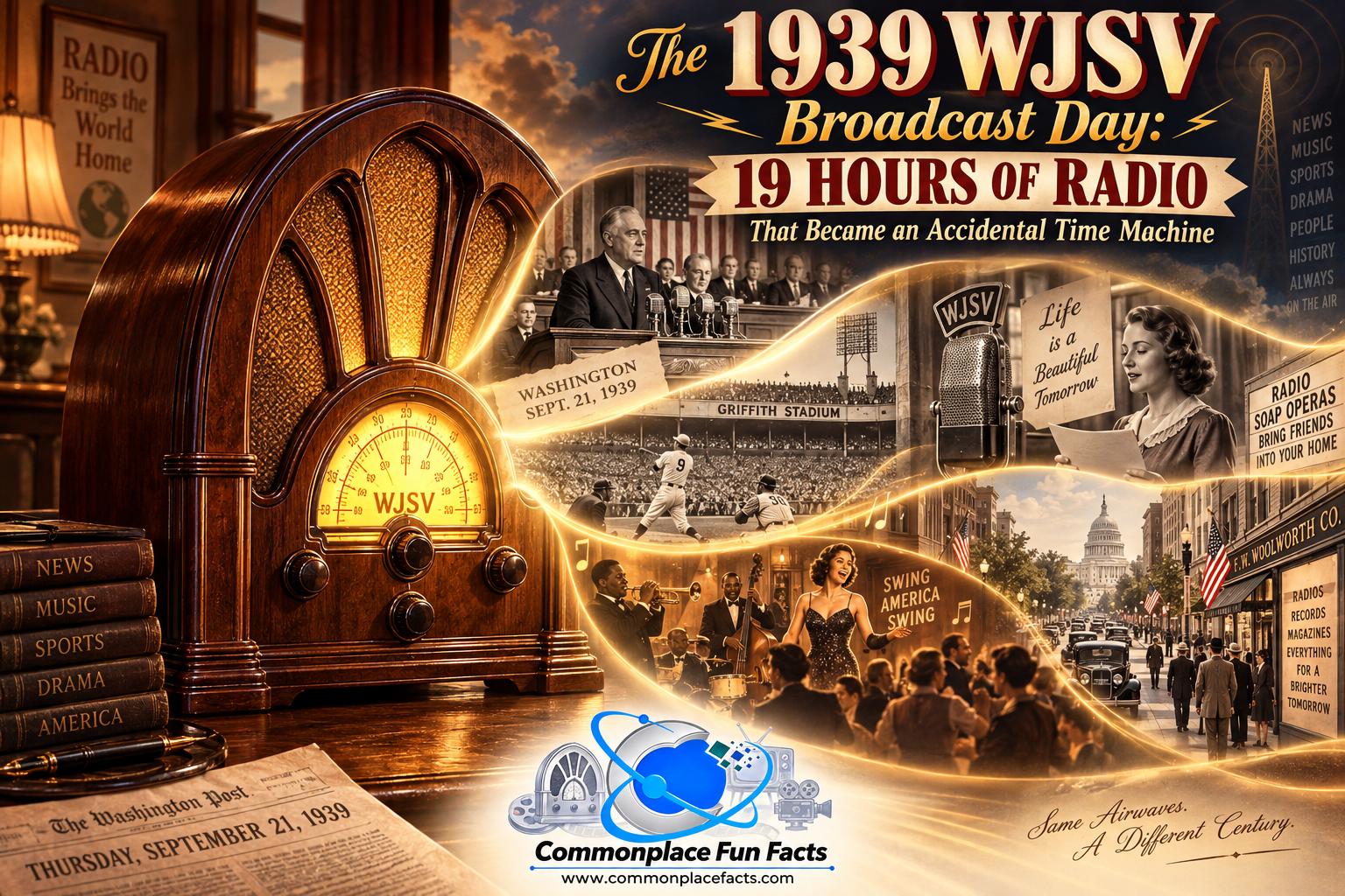 Title graphic for “The 1939 WJSV Broadcast Day,” featuring a glowing 1930s cathedral radio sending out scenes of Franklin Roosevelt speaking to Congress, a baseball game at Griffith Stadium, a radio soap opera, a swing band, and a 1939 Washington street scene.