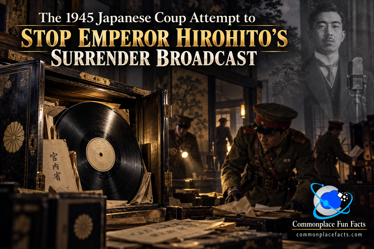 Illustrated title image for “The 1945 Japanese Coup Attempt to Stop Emperor Hirohito’s Surrender Broadcast,” showing a hidden phonograph record, Japanese officers searching the Imperial Palace, and Hirohito at a microphone.