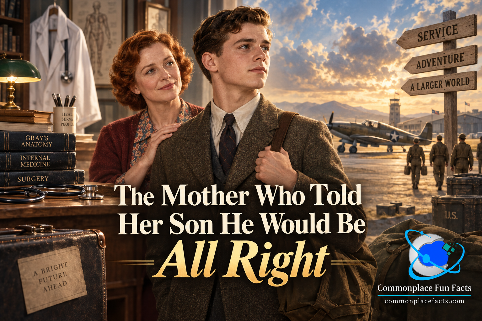 Illustrated title image showing a young man in the late 1930s standing between two possible futures, with medical books, a white coat, and a stethoscope on one side, and a military airfield with an airplane on the other, while his red-haired mother stands behind him with a reassuring hand on his shoulder beneath the headline “The Mother Who Told Her Son He Would Be All Right.”