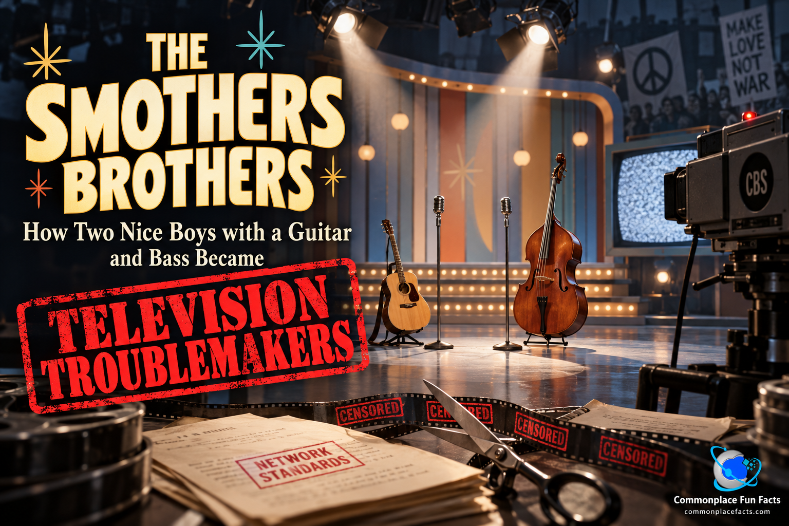 Title image for “The Smothers Brothers: How Two Nice Boys with a Guitar and Bass Became Television Troublemakers,” showing an empty 1960s TV stage with a guitar, upright bass, microphones, vintage television camera, static-filled monitor, censored film, and network standards scripts.