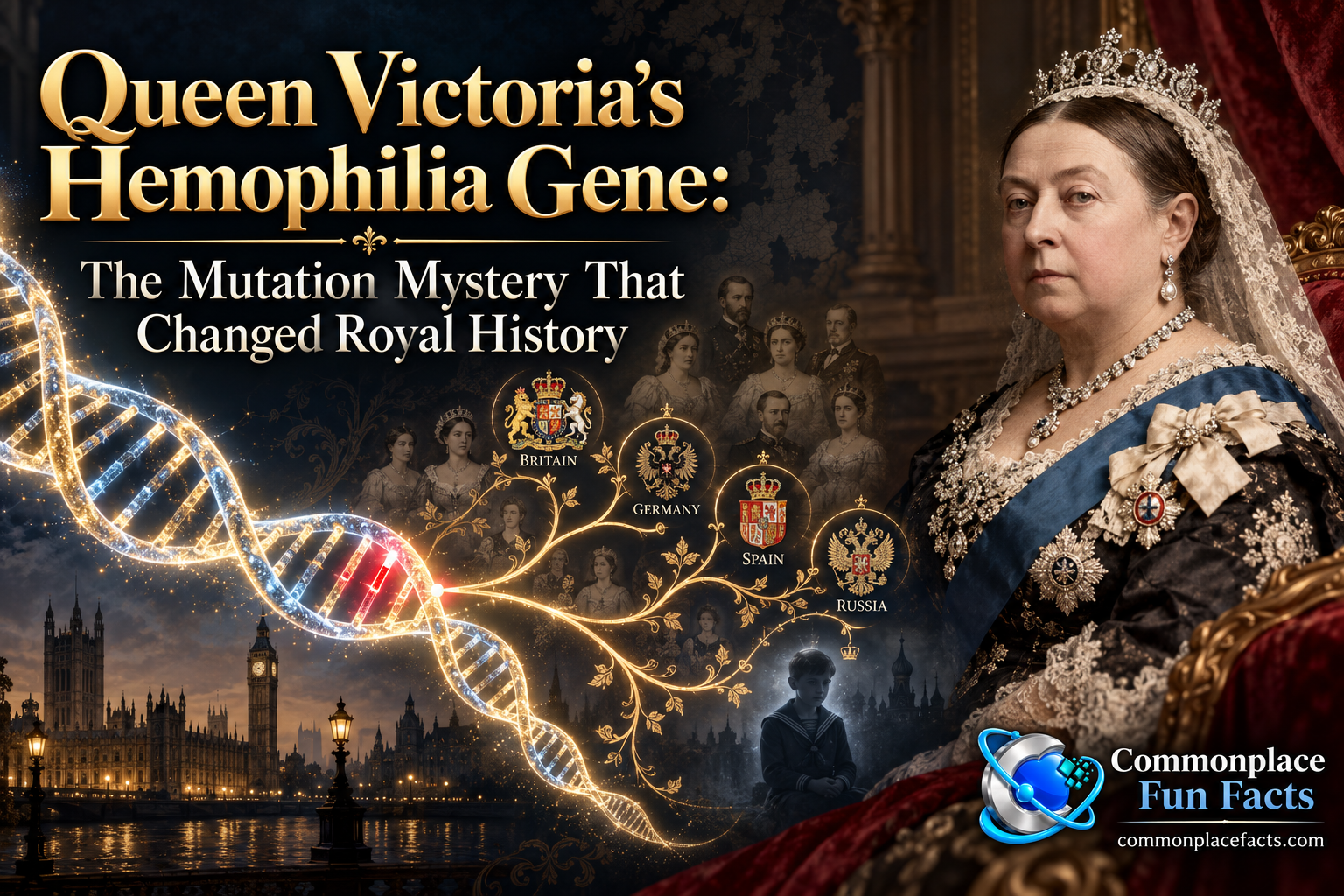 Formal title image for “Queen Victoria’s Hemophilia Gene: The Mutation Mystery That Changed Royal History,” showing Queen Victoria seated on the right against a dark Victorian background, while a glowing DNA double helix on the left transforms into an ornate golden royal family tree branching toward Britain, Germany, Spain, and Russia, with a faint silhouette of young Tsarevich Alexei below and Commonplace Fun Facts branding in the lower right.