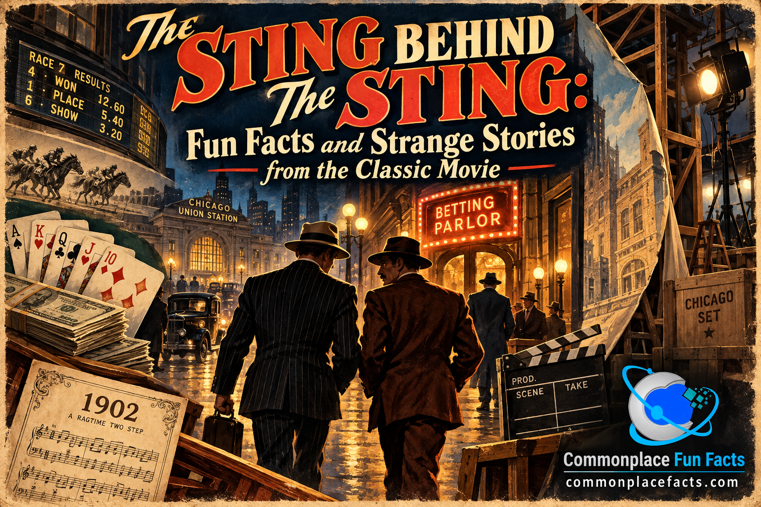 Illustrated 1930s-style poster for “The Sting Behind The Sting,” showing two con men in fedoras walking toward a betting parlor, surrounded by playing cards, cash, racing results, 1902 sheet music, Chicago Union Station, and a movie set revealed behind the street scenery.