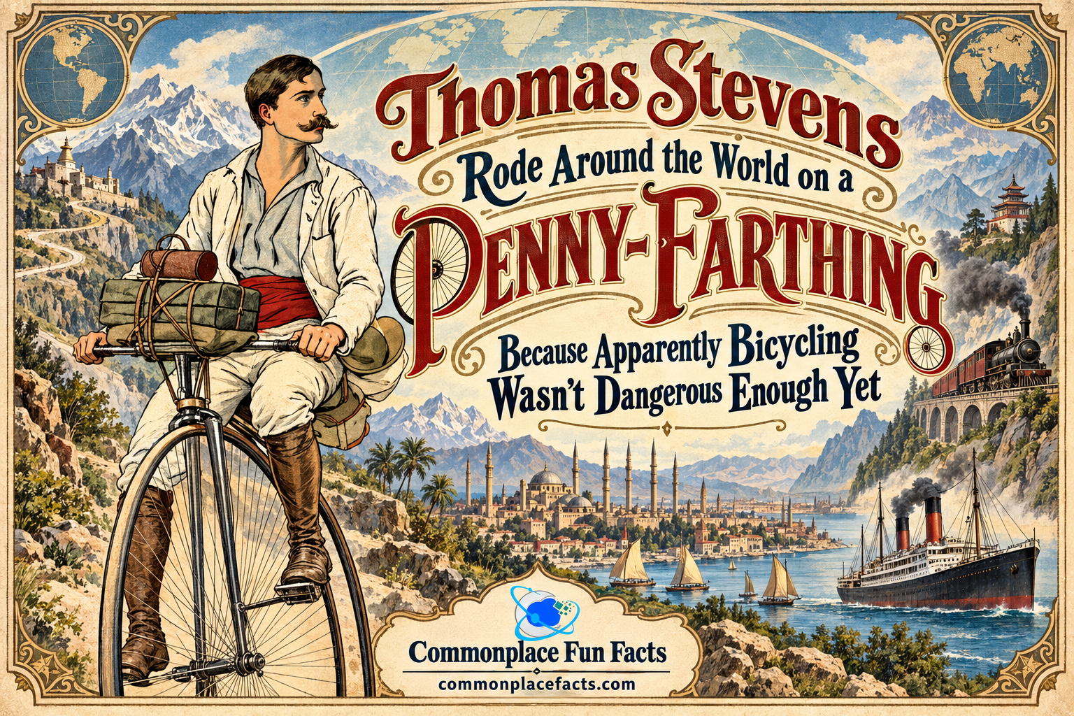 Victorian-style title illustration of Thomas Stevens riding a penny-farthing through a dramatic around-the-world landscape, with mountains, a train, a steamship, and distant cities behind him.