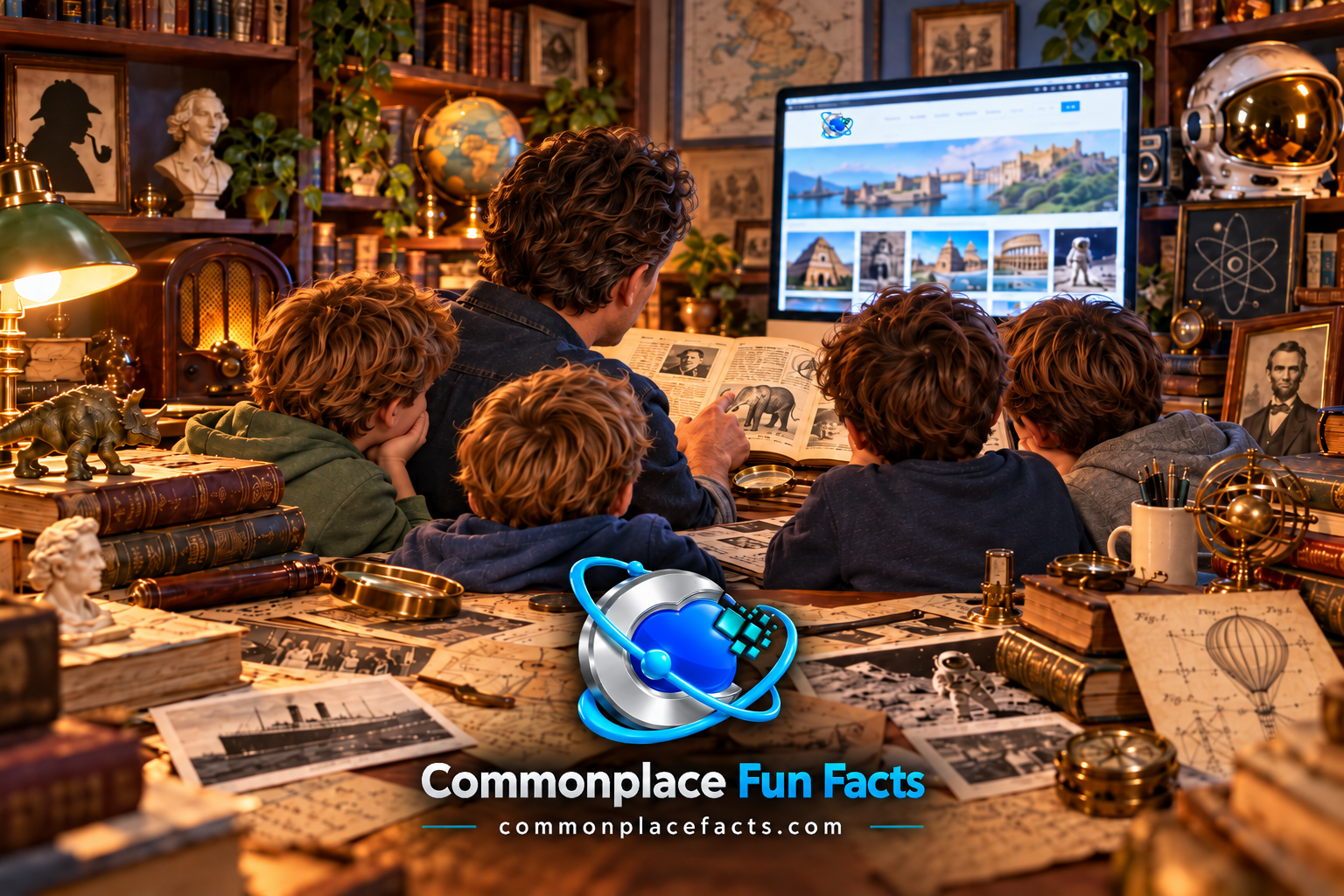 Father and four sons viewed from behind as they explore books, historical clippings, scientific curiosities, and the Commonplace Fun Facts website in a warm study.