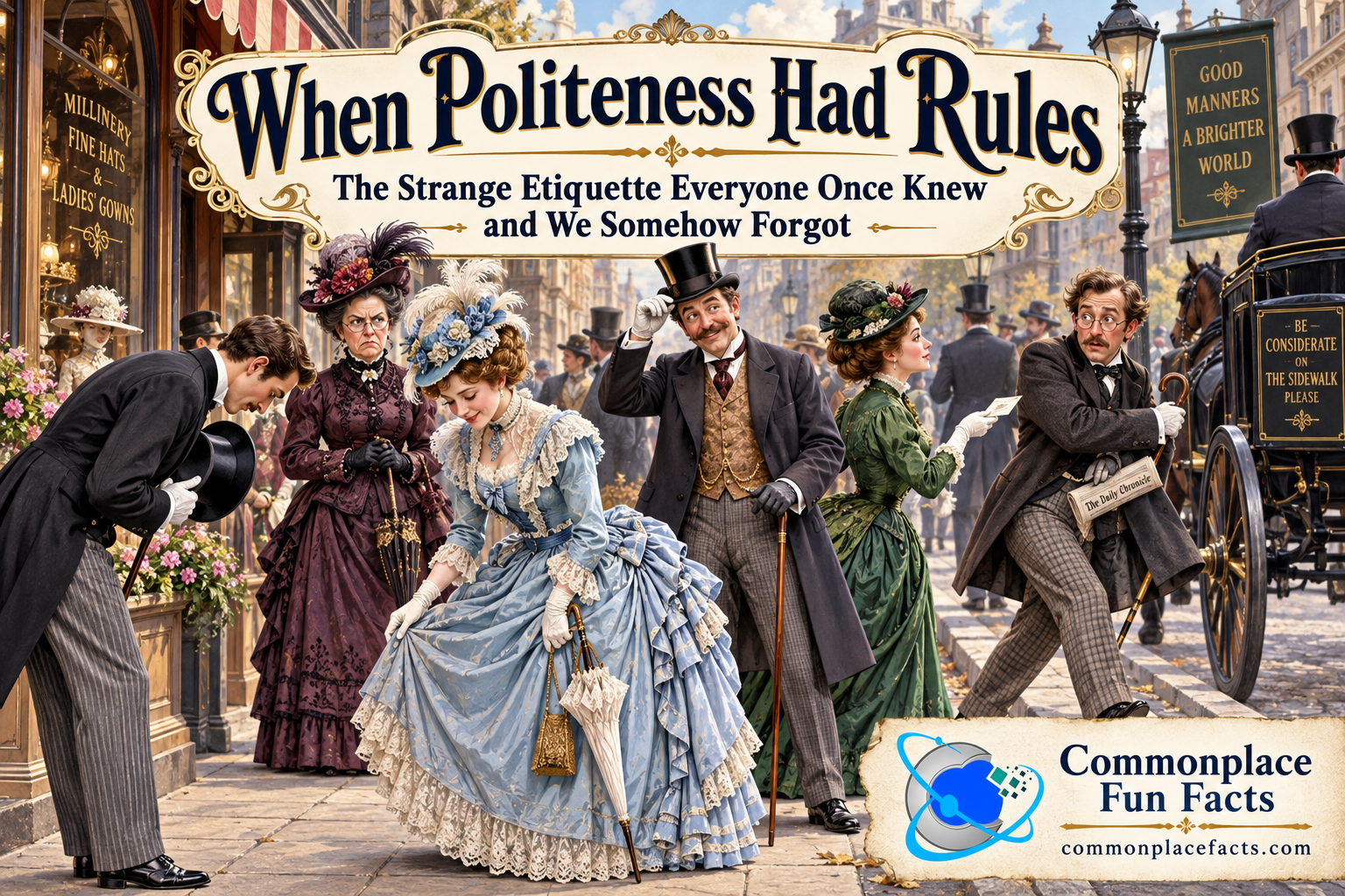 Illustrated title image for “When Politeness Had Rules: The Strange Etiquette Everyone Once Knew and We Somehow Forgot” showing a crowded late-19th-century city sidewalk where a man bows, another tips his hat, a woman curtsies, another presents a calling card, and a flustered gentleman moves to the curb while a stern chaperone looks on.