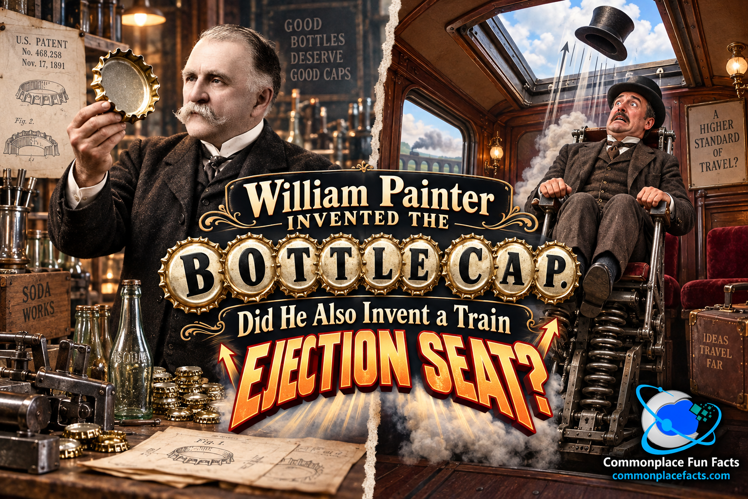 Illustrated title image for an article about William Painter, showing a late-19th-century inventor in a workshop holding a large crown bottle cap on the left, and a nervous passenger in a spring-loaded Victorian train seat beneath an open roof hatch on the right. The headline reads, “William Painter Invented the Bottle Cap. Did He Also Invent a Train Ejection Seat?”