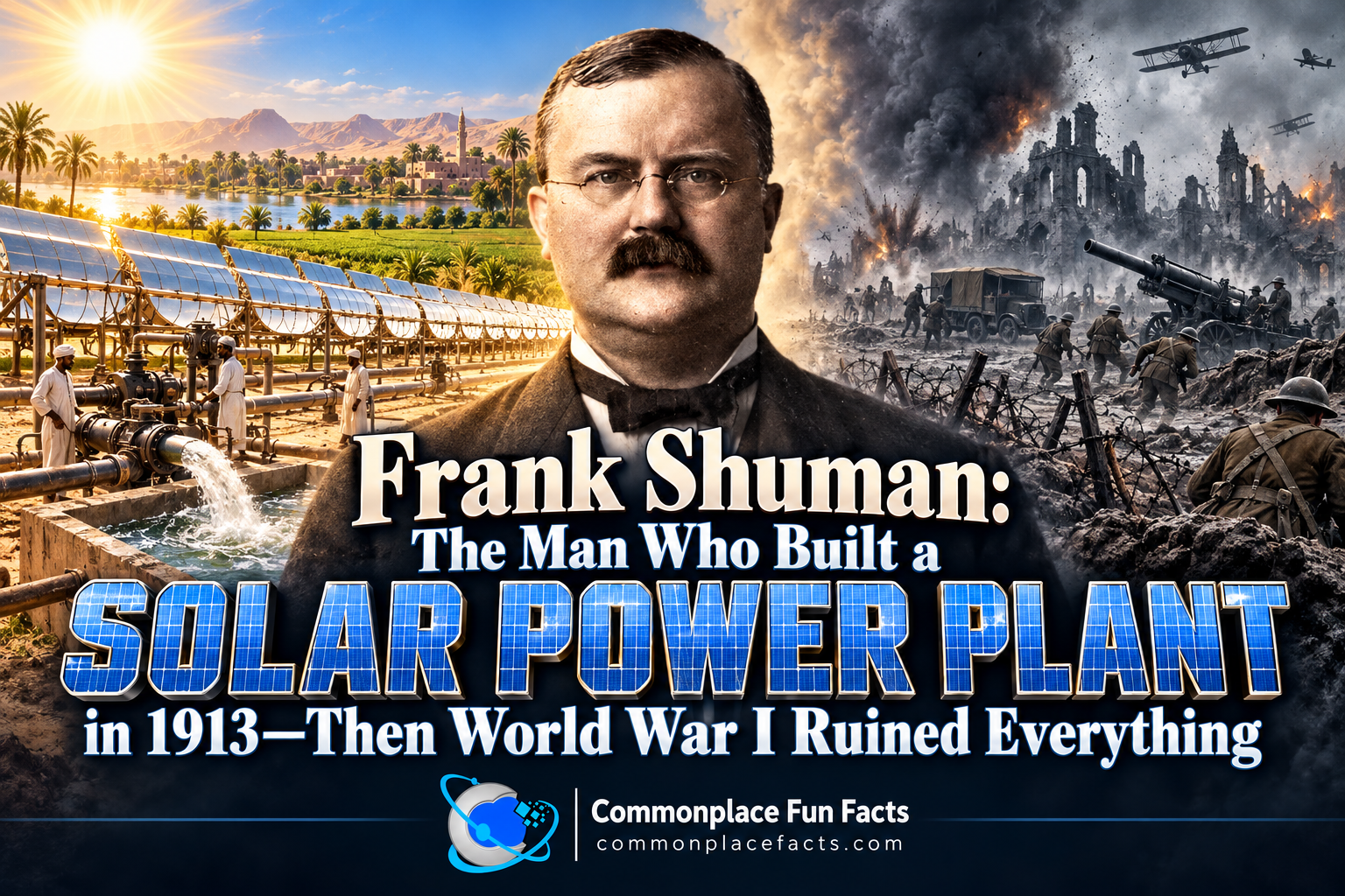 Frank Shuman stands between his 1913 solar power plant in Egypt and a smoke-filled World War I battlefield, illustrating how the war interrupted his pioneering solar energy project.