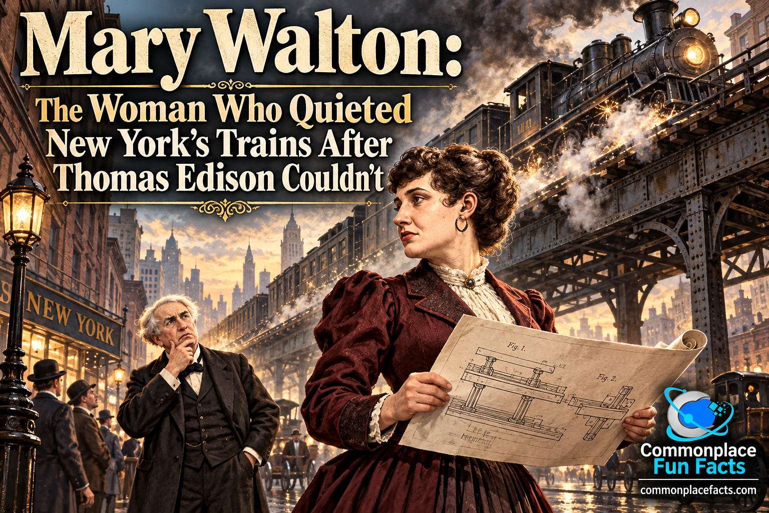 Historical-style illustration of Mary Walton holding railway patent drawings beneath a noisy elevated steam train in nineteenth-century New York City, while Thomas Edison looks puzzled in the background. Title reads, “Mary Walton: The Woman Who Quieted New York’s Trains After Thomas Edison Couldn’t.”