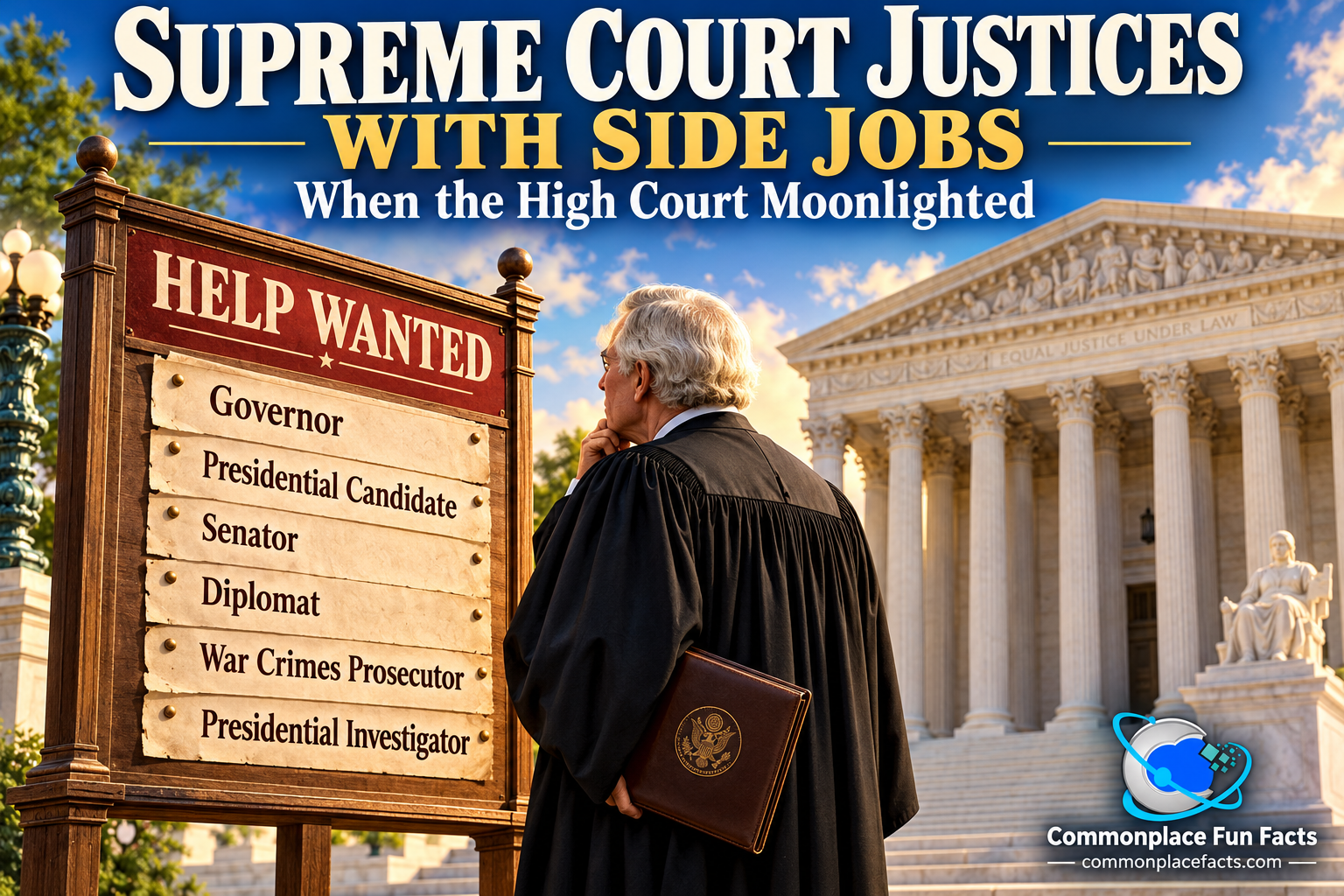 Supreme Court justice in black robes studies a vintage “Help Wanted” board listing jobs such as governor, presidential candidate, senator, diplomat, war crimes prosecutor, and presidential investigator, with the U.S. Supreme Court building in the background.