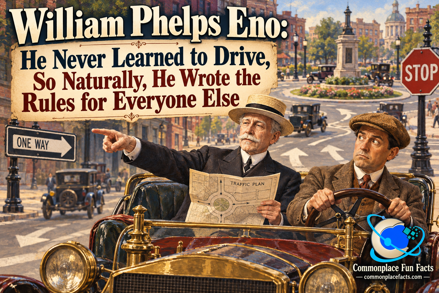 Vintage-style title image showing William Phelps Eno seated in the passenger seat of an early automobile, pointing ahead while holding a traffic plan, as the mildly exasperated driver grips the wheel. A traffic circle, a one-way sign, a stop sign, and lane arrows appear in the background, with the headline “William Phelps Eno: He Never Learned to Drive, So Naturally, He Wrote the Rules for Everyone Else” and the Commonplace Fun Facts logo in the lower right.
