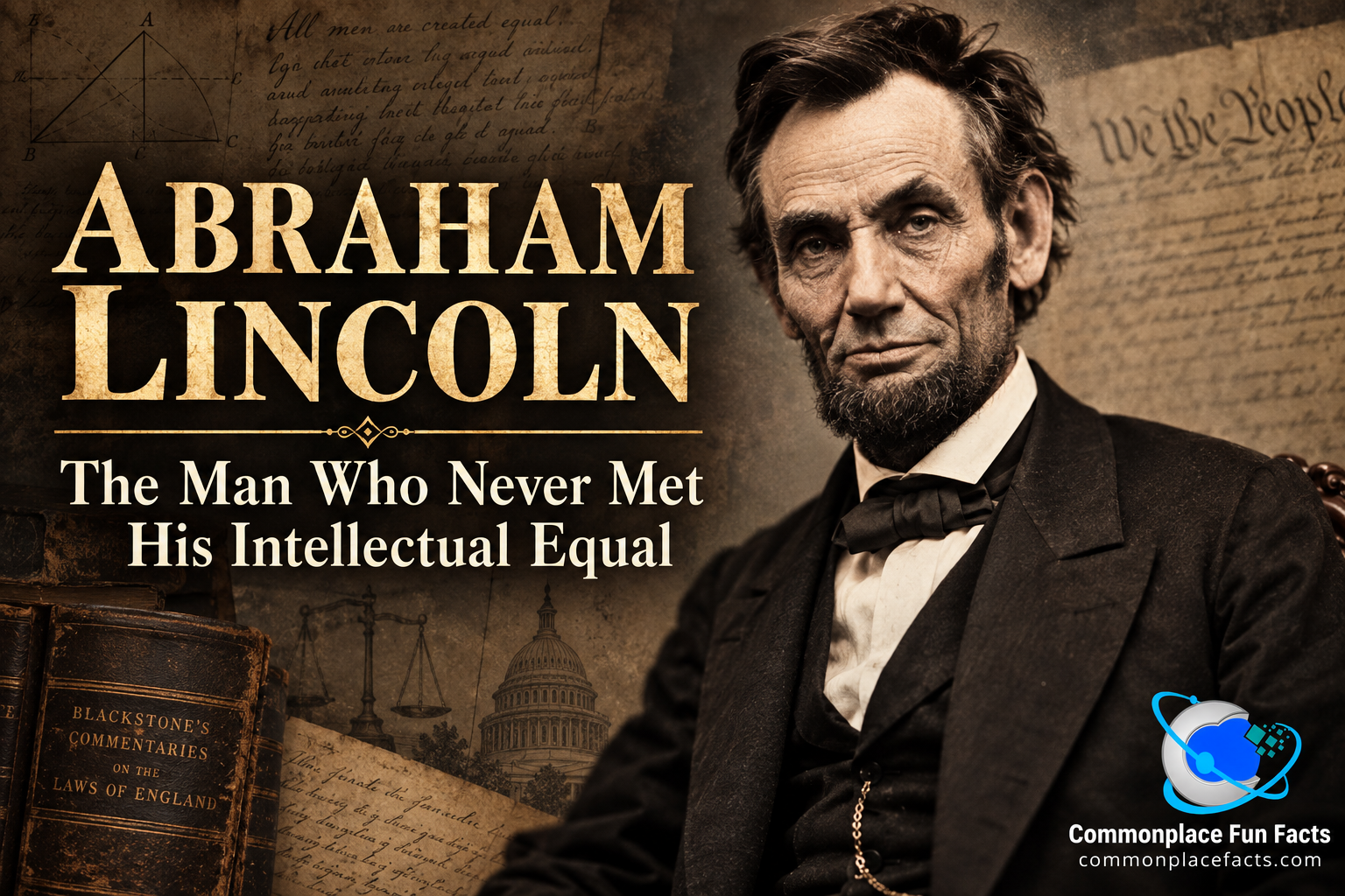 Abraham Lincoln in a dramatic sepia-toned portrait beside the headline “The Man Who Never Met His Intellectual Equal,” with historical documents, legal books, and mathematical diagrams in the background.