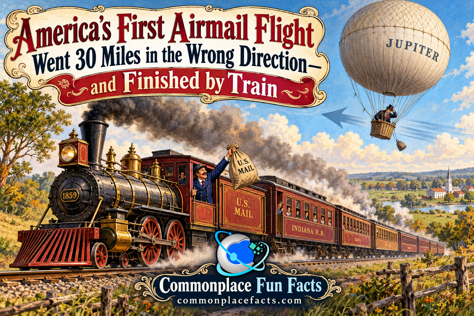 Illustration of America’s first airmail flight experiment in 1859, showing a steam locomotive racing through the Indiana countryside while a postal worker triumphantly holds up a U.S. mailbag. Above the train, John Wise’s balloon, Jupiter, drifts the wrong way, with Wise looking down in frustration. A large decorative headline reads, “America’s First Airmail Flight Went 30 Miles in the Wrong Direction—and Finished by Train.” The Commonplace Fun Facts logo and website appear at the bottom center.