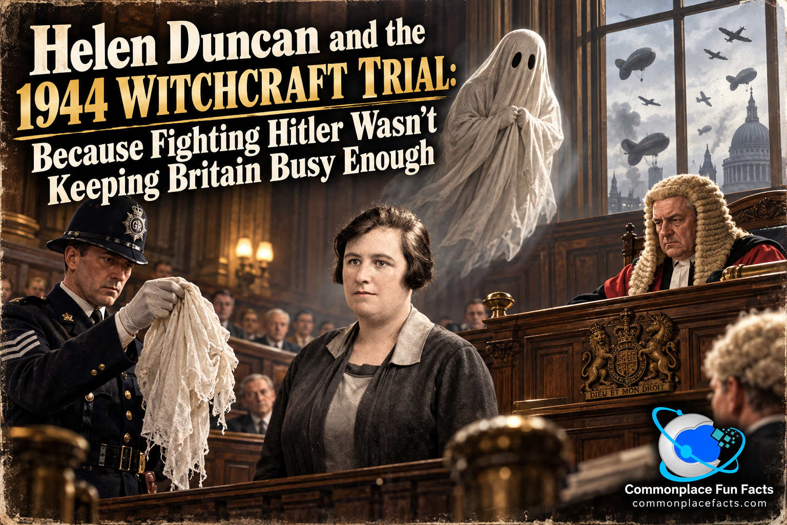Illustrated 1944 courtroom scene depicting Helen Duncan on trial for witchcraft at London's Old Bailey. A police officer presents suspicious cheesecloth as evidence while a bewigged judge presides, a sheet-covered ghost hovers overhead, and RAF aircraft and barrage balloons fill the wartime sky outside. Headline: "Helen Duncan and the 1944 Witchcraft Trial: Because Fighting Hitler Wasn't Keeping Britain Busy Enough."