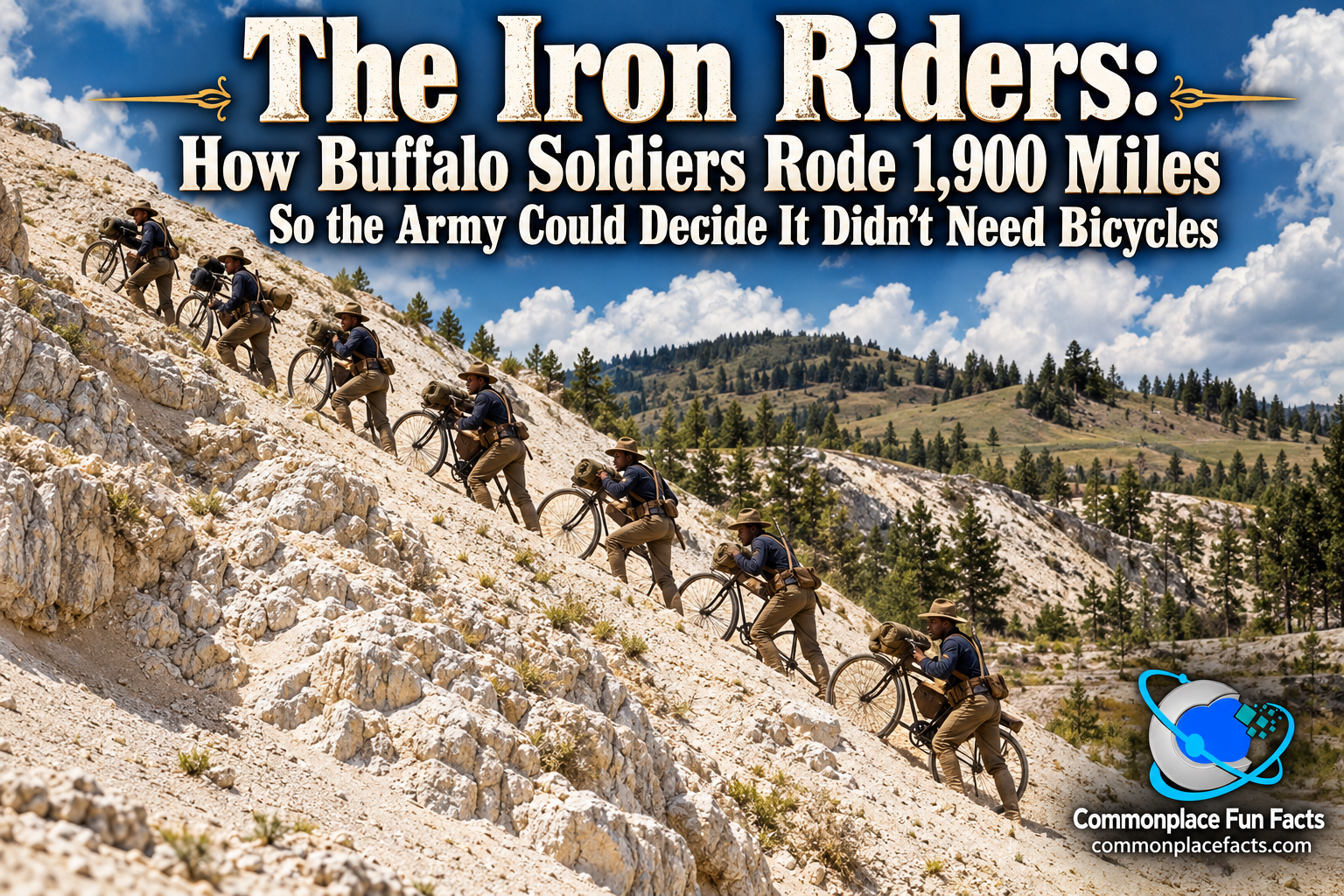 Title image for “The Iron Riders,” showing Buffalo Soldiers pushing loaded bicycles up a steep rocky hillside in a colorized version of a historic photograph, with the article headline above and the Commonplace Fun Facts logo at bottom right.
