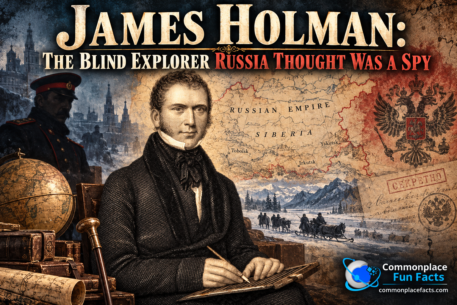 Title image for an article about James Holman, showing the blind explorer seated and writing in the foreground, with a globe, antique map of Siberia, Russian imperial imagery, and a shadowy officer behind him.