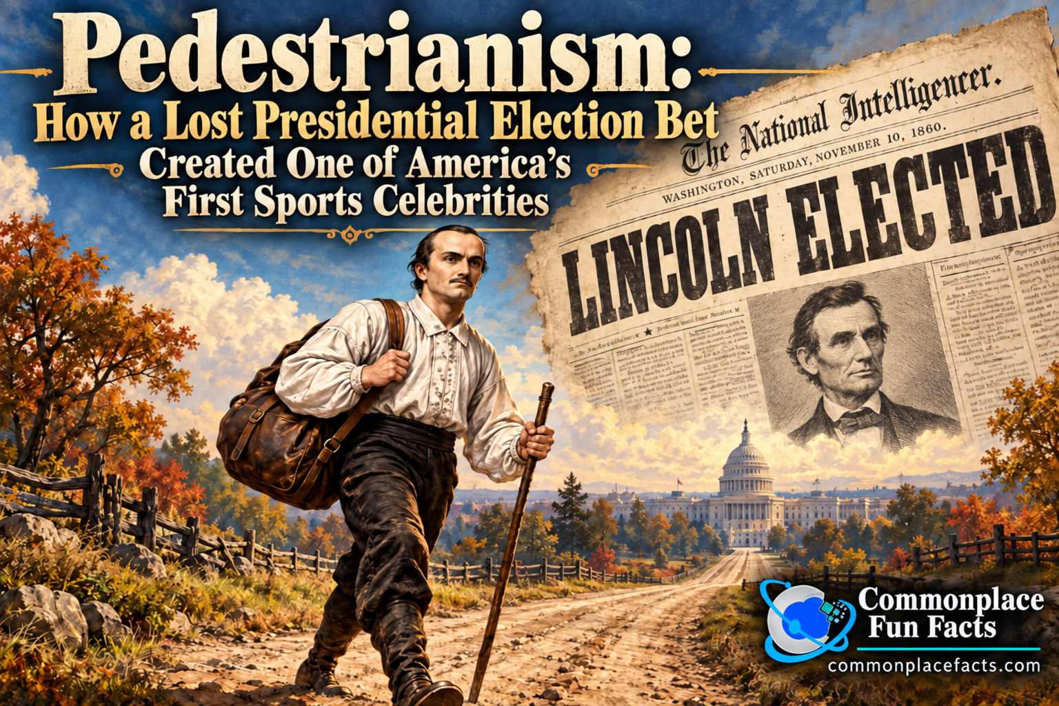 Pedestrianism: Edward Payson Weston walking toward Washington, D.C., after losing an election bet on Abraham Lincoln, with a vintage “Lincoln Elected” newspaper and the U.S. Capitol in the distance.