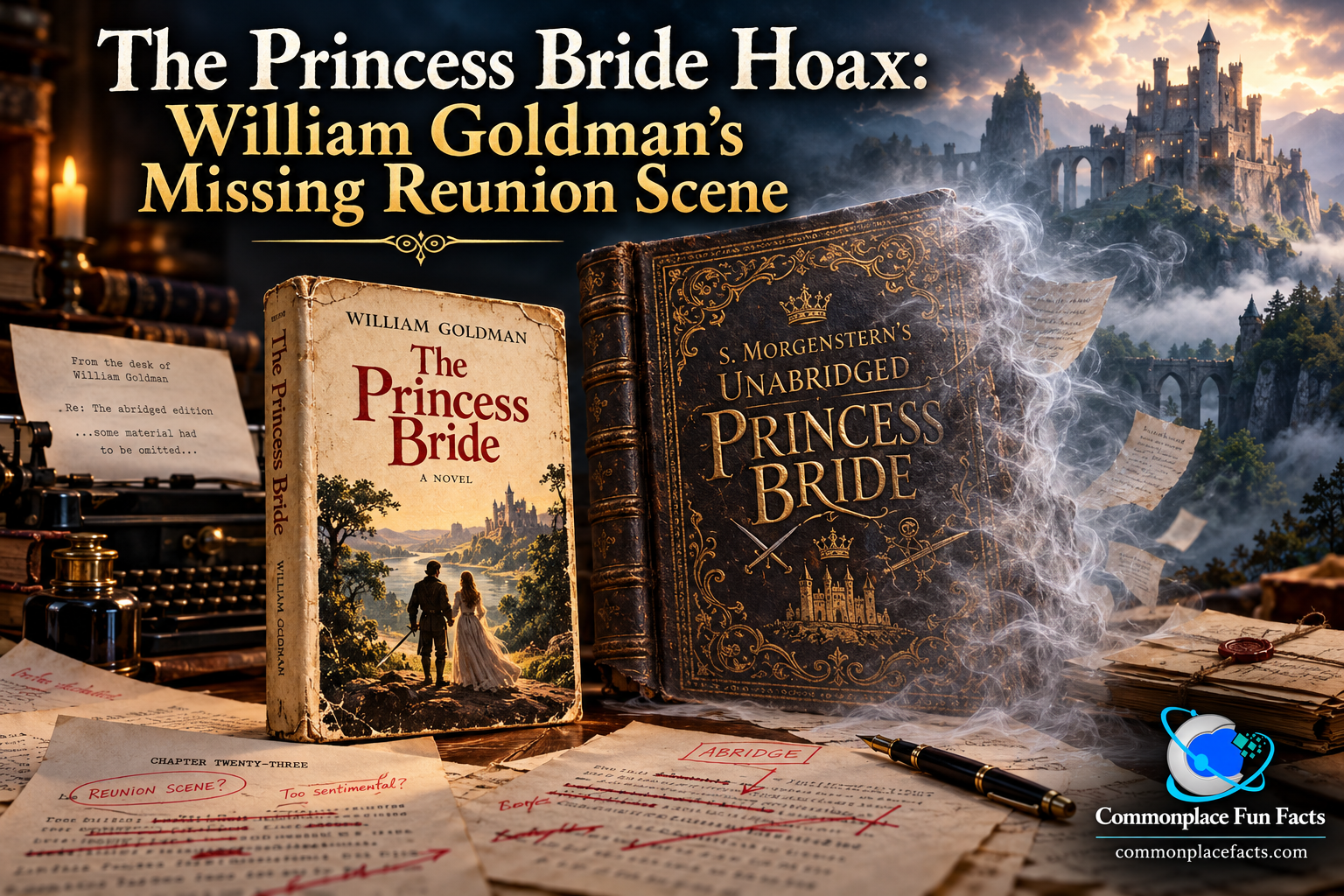 The Princess Bride Hoax title image featuring William Goldman's novel beside a fictional leather-bound S. Morgenstern edition dissolving into smoke, surrounded by edited manuscripts and a misty medieval castle.