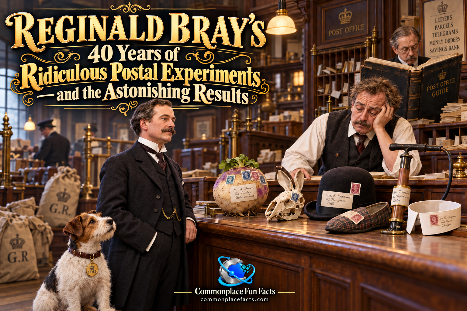 Illustrated Edwardian post office scene showing Reginald Bray with a turnip, rabbit skull, bowler hat, slipper, bicycle pump, shirt collar, and dog presented as mail while an exhausted postal clerk looks on. The headline reads: “Reginald Bray’s 40 Years of Ridiculous Postal Experiments—and the Astonishing Results.”