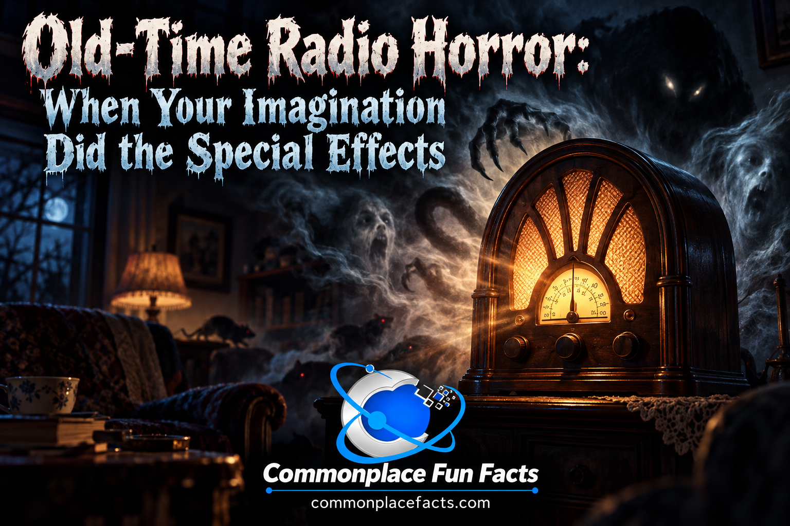Title image for an article about old-time radio horror, showing a glowing 1940s cathedral radio in a dark living room as shadowy faces, claws, rats, and a looming creature emerge from the darkness around it.