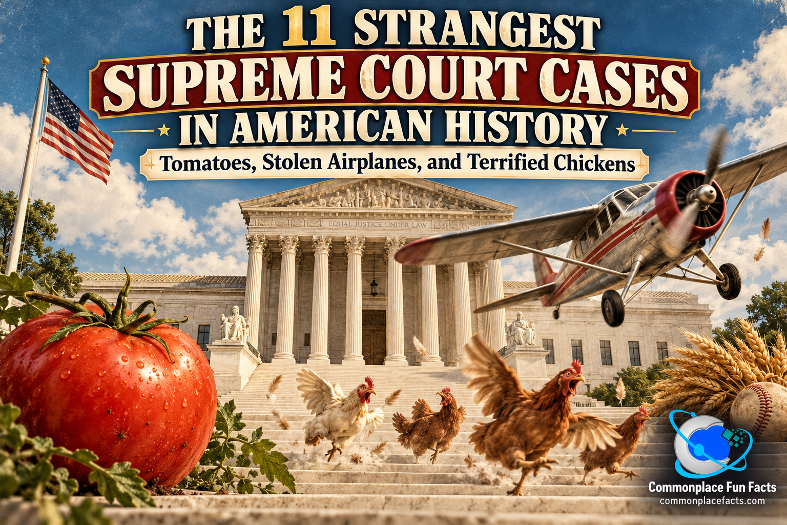 Illustrated title image showing the U.S. Supreme Court building with a giant tomato on the steps, a vintage propeller airplane swooping overhead, and frightened chickens scattering across the foreground beneath the headline “The 11 Strangest Supreme Court Cases in American History.”