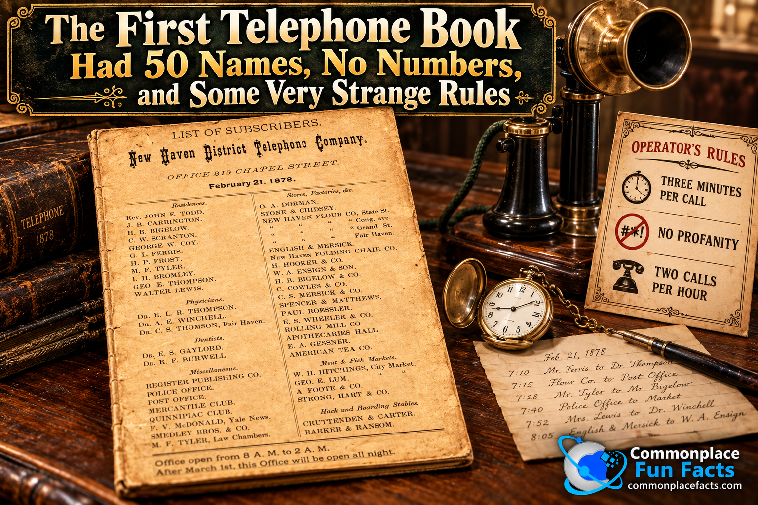 Vintage-style illustration of the world's first telephone book from 1878, featuring 50 names without telephone numbers, an antique telephone, pocket watch, and rules limiting calls to three minutes and prohibiting profanity.