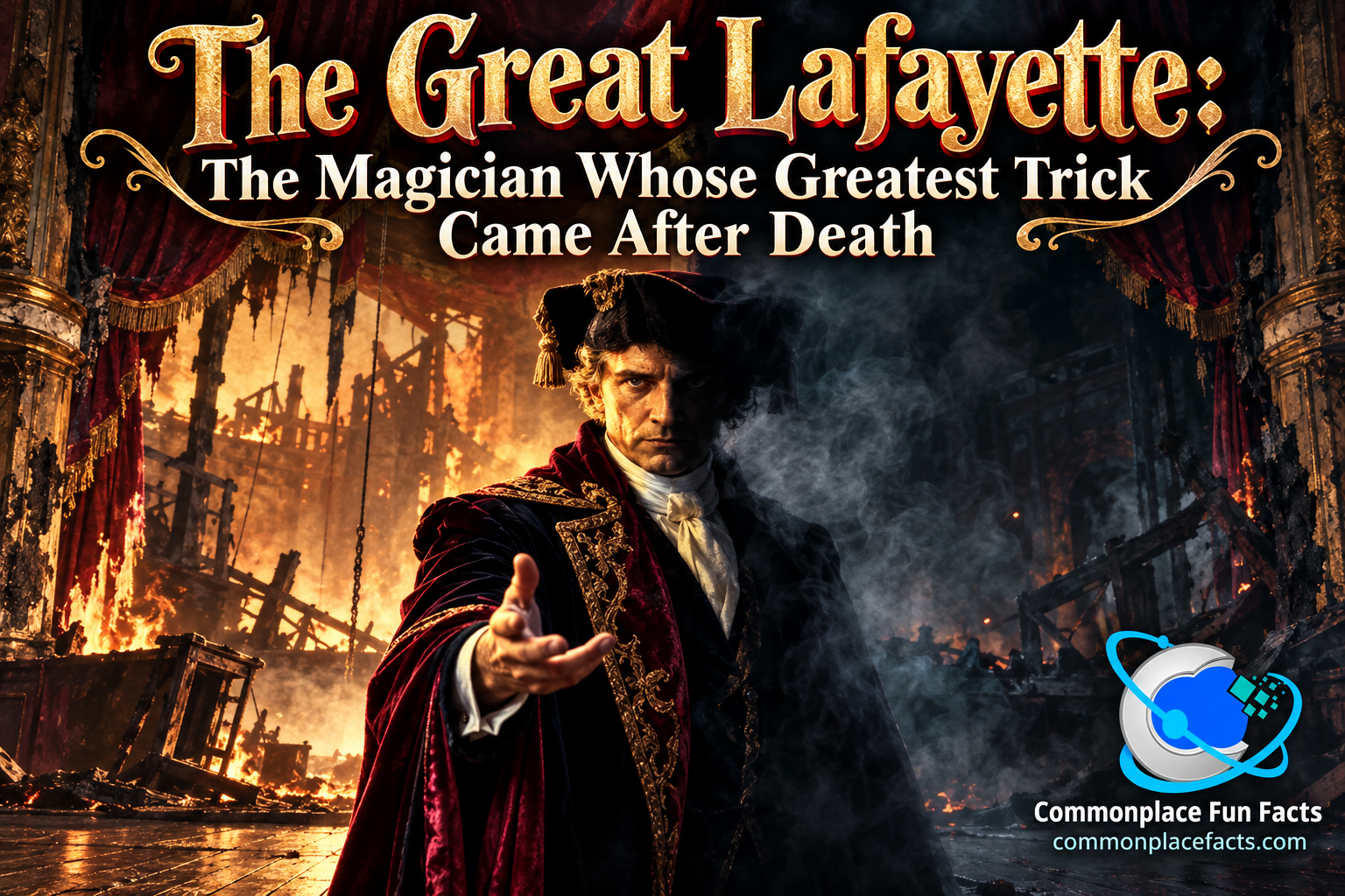 The Great Lafayette stands amid the burning ruins of Edinburgh's Empire Palace Theatre, half illuminated by flames and half obscured by smoke, beneath the headline "The Great Lafayette: The Magician Whose Greatest Trick Came After Death."