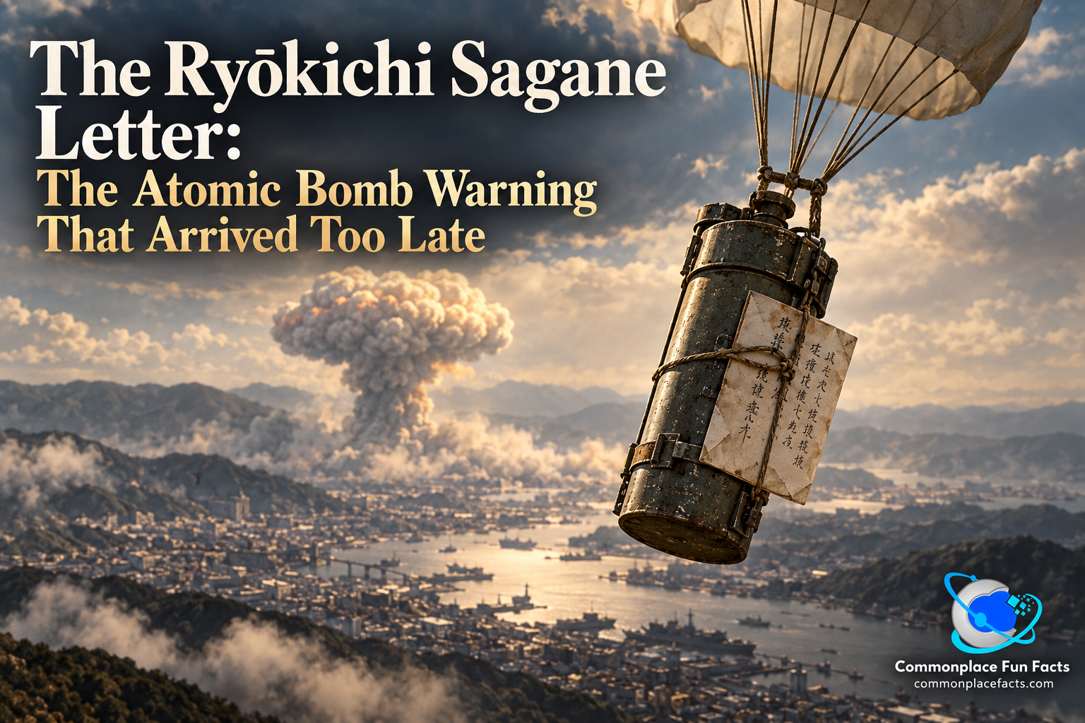 Parachute-borne instrument canister carrying the Ryōkichi Sagane letter descends over Nagasaki as an atomic mushroom cloud rises in the distance.