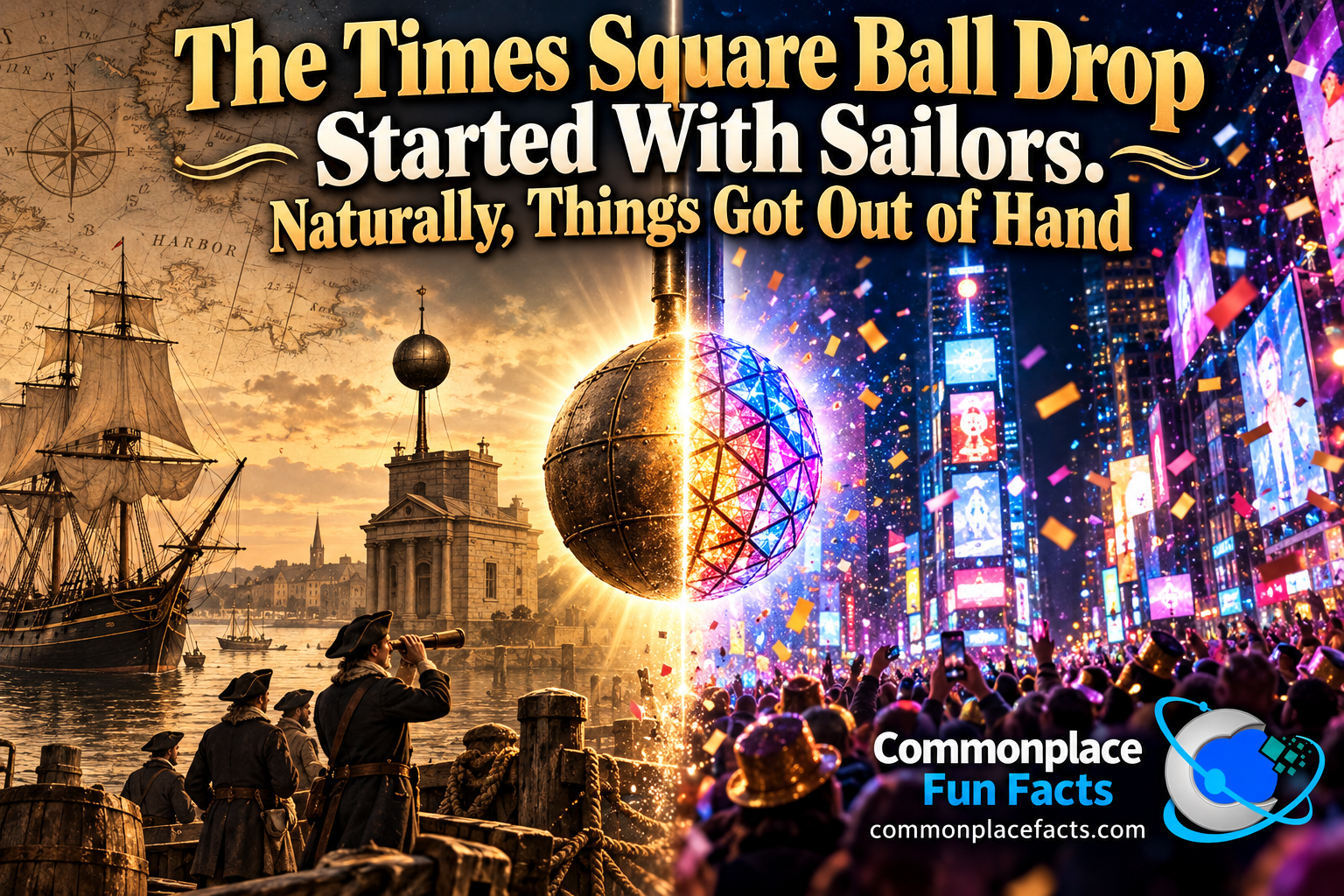 Title image for an article about the Times Square ball drop. A split-era scene shows, on the left, a sepia-toned 19th-century harbor with a sailing ship, sailors on a dock, and a coastal observatory topped with a time ball; on the right, modern Times Square glows with neon billboards, confetti, and a crowd watching the New Year’s Eve ball drop. At the center, an antique time ball blends into the modern illuminated Times Square ball. Across the top is the headline, “The Times Square Ball Drop Started With Sailors. Naturally, Things Got Out of Hand.” The Commonplace Fun Facts logo and website appear in the bottom right.